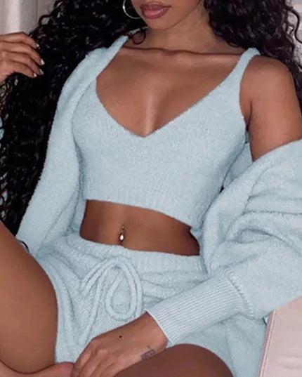 3pcs Womens Clothing Long Sleeve Crop Tank Top And Drawstring Shorts Pajama Set