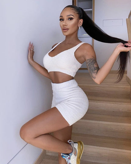 3pcs Womens Clothing Long Sleeve Crop Tank Top And Drawstring Shorts Pajama Set